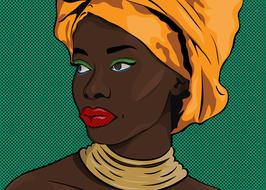 african girl in yellow headscarf, drawing