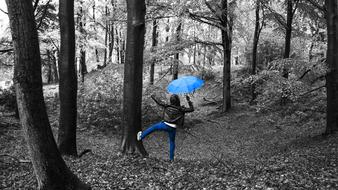 Back view of the person, dancing with blue umbrella, among the black and white forest