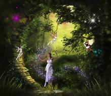 painted girl in a white dress in a fairy forest