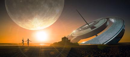 fantastic image of the big moon, sundial and people dancing on the beach