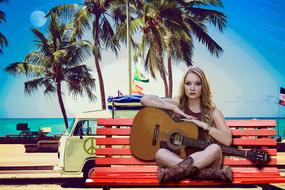 photo of a girl with a guitar on a red bench