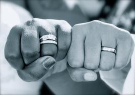 Black and white photo of the hands with the wedding rings