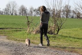 young girl and Cat Walking on path in countryside