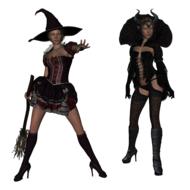 3d models of the witches posing in costumes on Halloween at white background