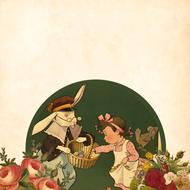 vintage easter drawing, little girl taking colored eggs from bunny's basket