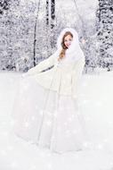 girl in a white fur coat in a winter forest among the beautiful white nature