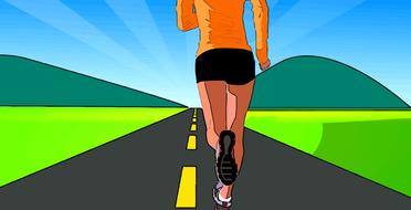 woman running away on road, drawing