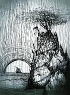 fantasy magic illustration of rock near sea