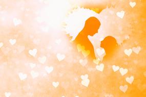 background with silhouette of couple in love in heart shape frame