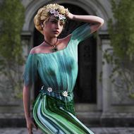 Blonde girl with colorful flowers and in green and blue dress