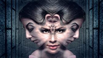 Mystical faces of the woman, among the brick walls, on clipart