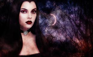 gothic portrait of a girl on the background of the night forest and the moon