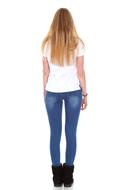 back view of woman in blue Fashion Pants