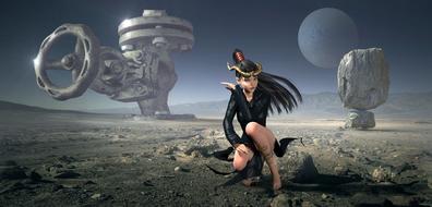 3d model of the colorful and beautiful girl, on the planet, with the construction, at planet in the space on background, clipart