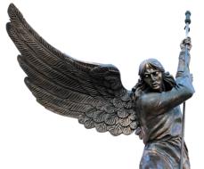 Shiny statue of the Angel, with the spear, at white background