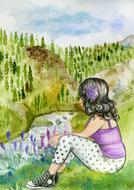 girl sits on grass at river, watercolor painting