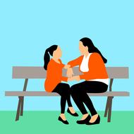 drawn mom and daughter talking while sitting on a bench
