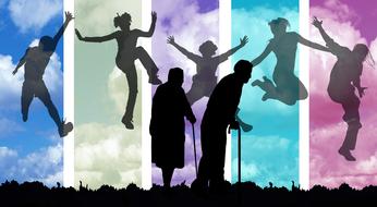 Silhouettes of the old and young people, at colorful landscape, on clipart