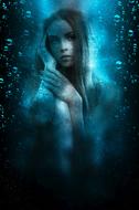 Portrait of the posing girl, in the beautiful, turquoise and black water with bubbles, on clipart