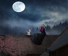 Blonde woman, with the cat, sitting on the rooftop, among the foggy forest, in the beautiful Moonlight, clipart