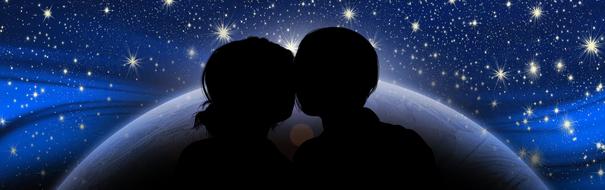 banner of silhouette of kissing lovers at universe