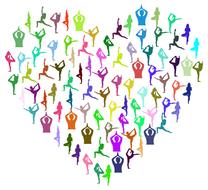 yoga, colorful female silhouettes in heart shape
