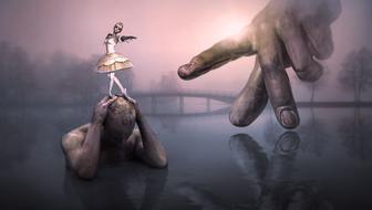 Surreal Fantasy, ballerina on male head and hand