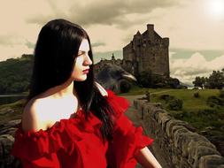 gothic fantasy, girl in red dress at castle