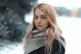 portrait of long hair caucasian girl outdoor at Winter