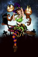 sexy young witch with cat flying on broom, illustration
