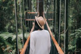 a girl walks on a hinged footbridge in the jungle