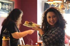 family Dinner, happy girl with Food on plate