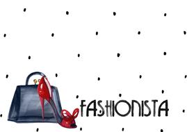 fashionista, banner with red high heel shoe and grey bag