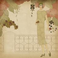 art deco drawing, charming young woman walking at wrought iron fence