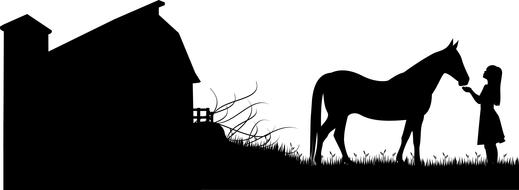 silhouette of a house and girl with horse