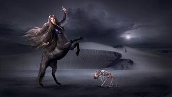 Fantasy digital art, female Centaur and kneeling human skeleton