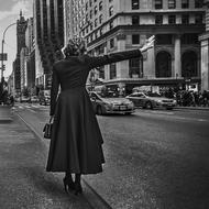 old time photo, Lady stopping car on Street, usa, Manhattan, nyc