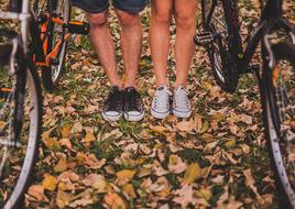 sportsmen's legs, autumn leaves and bicycles