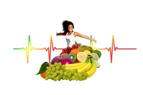 Heart Health, happy woman, fruits and Pulse