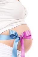 purple-blue bow on the belly of a pregnant woman