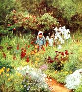 child in blooming garden, vintage painting by helen allingham