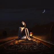 young Woman sits on railway at night, digital art