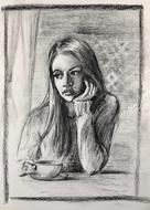 sad girl in coffee shop, drawing