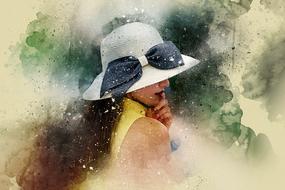 girl in white hat with black bow, digital art