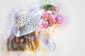 girl flowers hat watercolor drawing
