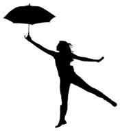 black silhouette of a dancing girl with an umbrella on a white background