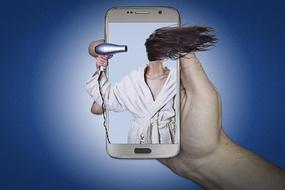 Woman with Hair Dryer in smartphone, photo Manipulation