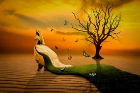 woman revitalizing sand desert, digital art