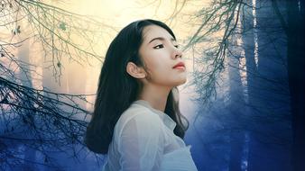 attractive asian Girl in misty forest