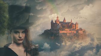 mystical image of a girl in a hat against a background of clouds and a castle